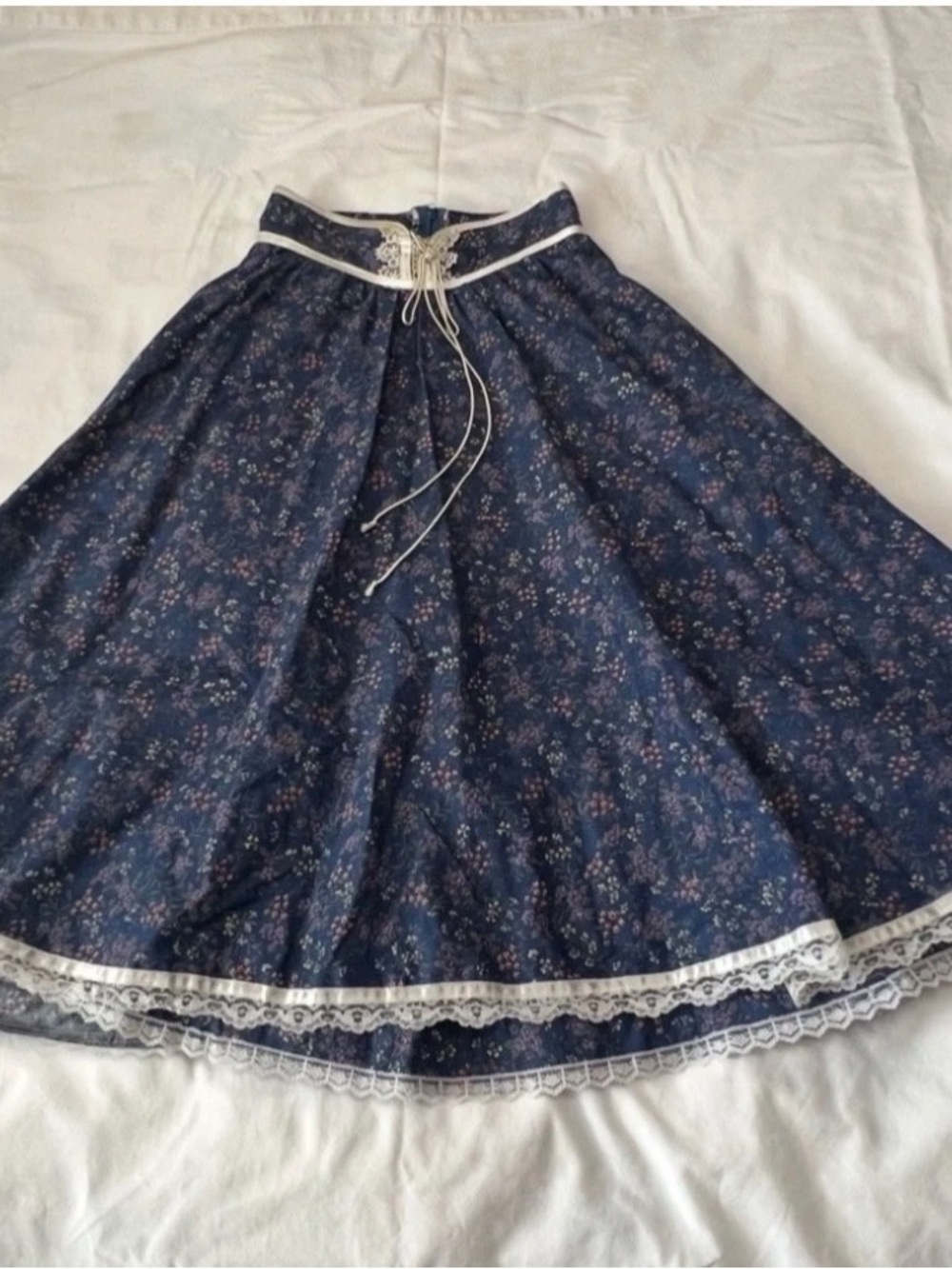 Gunne Sax Navy Floral A-Line Skirt with Ivory Lace Trim